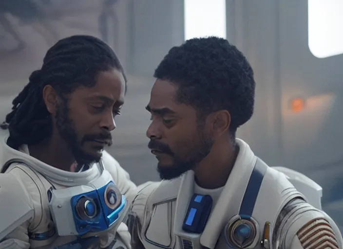 Prompt: first official image from paul thomas anderson's new space opera film starring lakeith stanfield and grimes. shot on alexa mini, stunning cinematography, filmgrain, kodak vision 2 0 0 t, shot composition