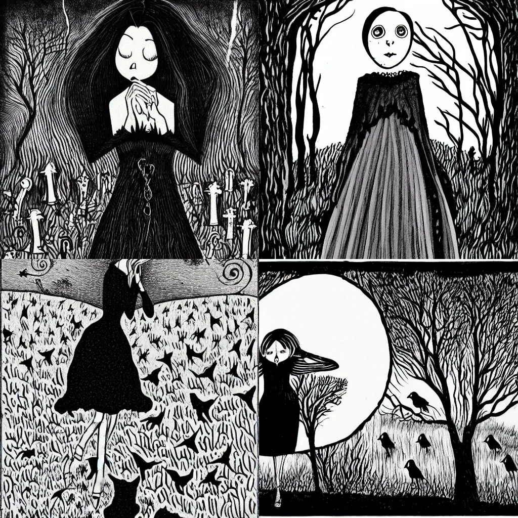 Prompt: style of Edward Gorey and Tim Burton, woman in black dress crying in the graveyard, crows circling overhead
