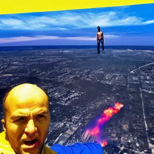 Image similar to a frightened ukrainian dying in blue clothes below and above against the background of a huge yellow nuclear explosion burning him alive, selfie 2 0 2 2