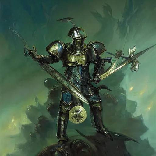 Prompt: armored angel knight in Phthalo metallic green armor with knight helmet, inhumanly thin limbs wielding a sword and shield, fallen angel Barthin by Peter Mohrbacher, otherworldly, octane rendered, fantasy, heavenly