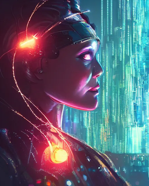 Prompt: a cyberpunk close up portrait of cyborg zeus, electricity, sparks, bokeh, soft focus, sparkling, glisten, water drops, cold, dark, geometric, temples behind her, by paul lehr, jesper ejsing