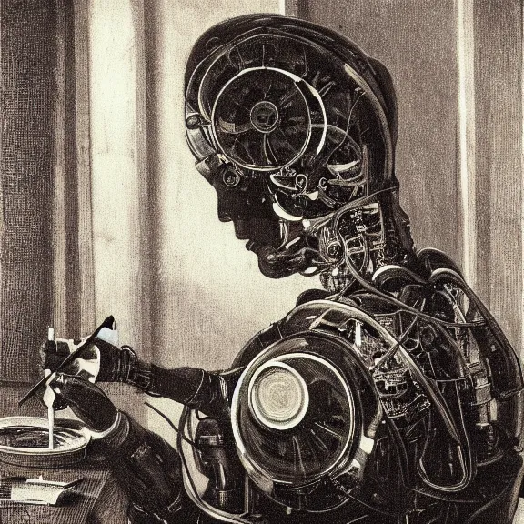 Prompt: robot artist painting a self - portrait on a canvas. intricate, highly detailed, photorealistic, film still, by hans thoma.