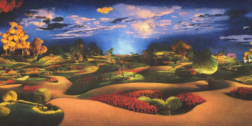 Prompt: a night landscape background, bhupen khakhar, rob gonsavles, thomas kinkade, mandelbrot