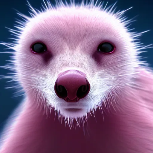Image similar to white mink with pink nimbus of pink bacteria circle around the neck art unreal engine hd 8k starring at camera symmetrical mink matte background