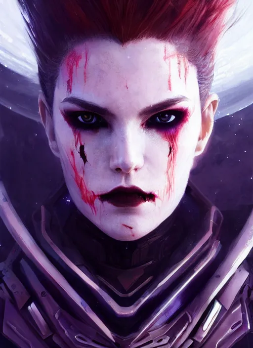 Prompt: close up painting, vampire, sci - fi armor, space galaxy hair, beautiful, stern face, gorgeous, face visible, scars, eyeliner, cinematic lighting, eva suit, wallpaper, extremely detailed, sharp focus, by greg rutkowski and [ [ [ wlop ] ] ], intricate, beautiful, award winning, trending on artstation, pixiv