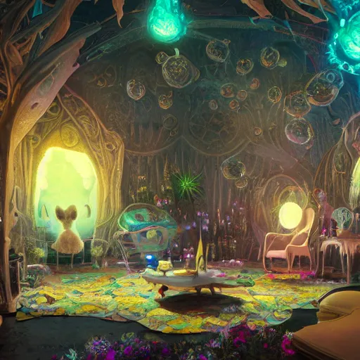 Image similar to ghost mansion, expressive eyes, floating, rbc, bunny, radiolaria, protophyta, micro - organisms, center frame, symmetric, rim light, marine microbiology, bioluminescence, electric, fur, soft, concept art, intricate details, highly detailed, colorful, photorealistic, disney pixar, octane render, iridescent, anime