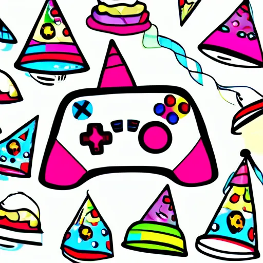 Prompt: Digital drawing of a controller with a cartoon face and a birthday hat, white backgound