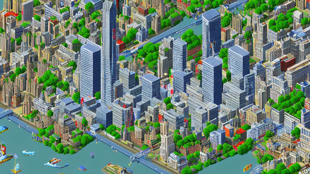 Prompt: aerial shot of London over the South Bank rendered in SimCity 2000, pixel art, 32bit, highly detailed, natural light