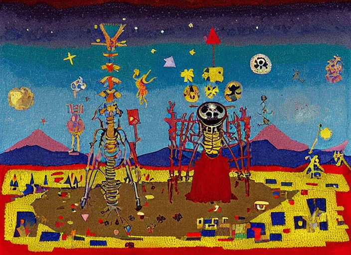 Prompt: pixel decollage painting tarot lovers card composition tower of babel road red armor maggot bear and wonky alien frog skeleton knight on a horse in a dark red cloudy night sky with golden foil jewish stars and diamonds, mountain lake and blossoming field in background, painted by Mark Rothko, Helen Frankenthaler, Danny Fox and Hilma af Klint, pixelated, neo expressionism, semi naive, pastel colors, cinematic, color field painting, cave painting, voxel, pop art look, outsider art, minimalistic. Bill Traylor painting, part by Philip Guston and Francis Bacon. art by Adrian Ghenie, very coherent symmetrical artwork, cinematic, hyper realism, high detail, octane render, unreal engine, Smooth gradients, depth of field, full body character drawing, extremely detailed, 8k, extreme detail, intricate detail, masterpiece