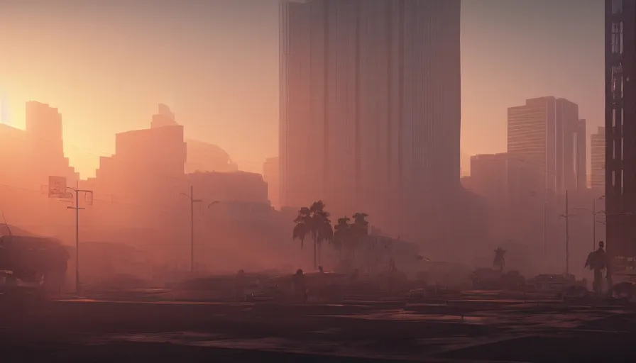 Prompt: damaged los angeles at sunset, light between the buildings, people fleeing the streets, ambulance and police cars in the streets, smoke fog, desolation, hyperdetailed, artstation, cgsociety, 8 k