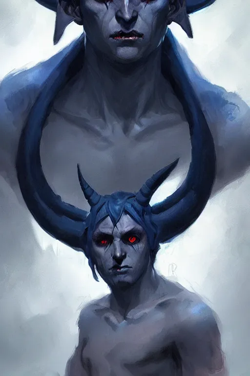 Prompt: sad dark blue tiefling boy with horns and dark hair and pitch black hollow eyes by Greg Rutkowski
