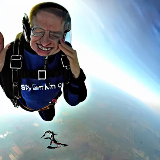 Image similar to Fish-eye lens of Stephen Hawking skydiving in his wheelchair