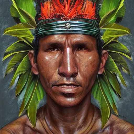 Image similar to a male tupi guarani warrior portrait, tropical plants hiding the top part of his face, by marco mazzoni, dark background