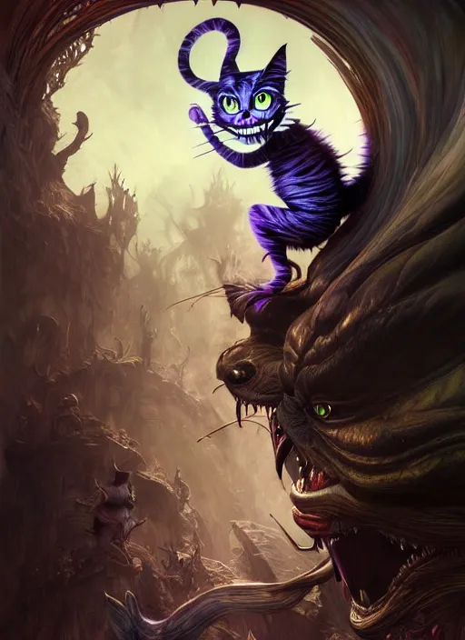 Image similar to sinister cheshire cat in hell, concept art, digital illustration, by rossdraws, frank franzzeta, intricate, masterpiece, elegant, hyper detailed, artstation, unreal engine rendered, concept art, smooth, sharp focus, illustration, art by artgerm and greg rutkowski and alphonse mucha and garis edelweiss