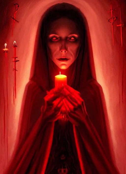 Image similar to portrait of the goddess of blood, long cloak made of blood, profane glowing rune, bloody runes, demonic portal behind, intricate, elegant, soft red candle light, highly detailed, digital painting, artstation, concept art, smooth, sharp focus, illustration, art by wlop, mars ravelo and greg rutkowski