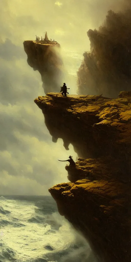 Prompt: a big cliff at the middle of the day in 1 9 4 0, stormy sea, a men stand up at the edge of the precipice, steam punk, mystical yellow fog, oil on canvas, art by andreas achenbach, clemens ascher, tom bagshaw and sabbas apterus,