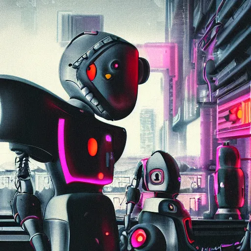 Image similar to Robots laughing at humans trying to generate images, 4k, cyberpunk, grunge