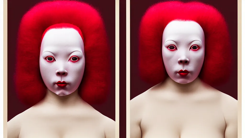 Prompt: symmetrical portrait of a woman wearing a pink silicone mask and red hair rolls, wearing a red bodysuit by alexander mcqueen, cream white background, biotechnology, bjork aesthetic, translucent, masterpiece, in the style of rogier van der weyden and jacopo da pontormo, by mark ryden, punk, asian art,