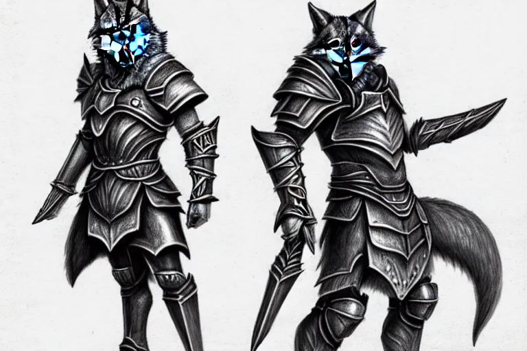 Image similar to a pencil drawing of a wolf, full body, D&D, armor, made by by Pen Tacula