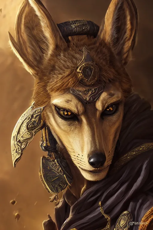 Prompt: portrait of young wild arabian nomad half anubian jackal, with yellow cloths, league of legends splash art, castlevania, hearthstone splash art, full body shot, rule of thirds, ultrafine hyperrealistic detailed face, artgerm, greg rutkowski, trending on artstation, 8 k, intricately detailed, highly detailed