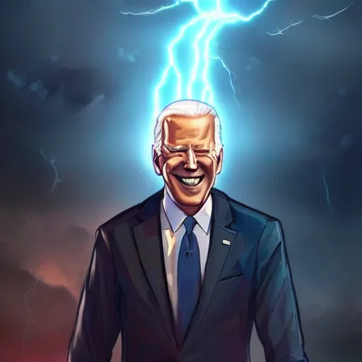 Prompt: Huge, Laughing Joe Biden. Glowing eyes, thunderstorm. Final form. Fantasy concept art, best of ArtStation