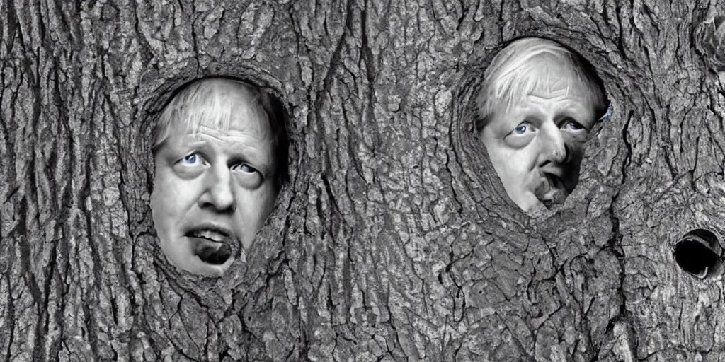 Prompt: extremely derpy looking boris johnson peeking out from behind a tree, trailcam footage