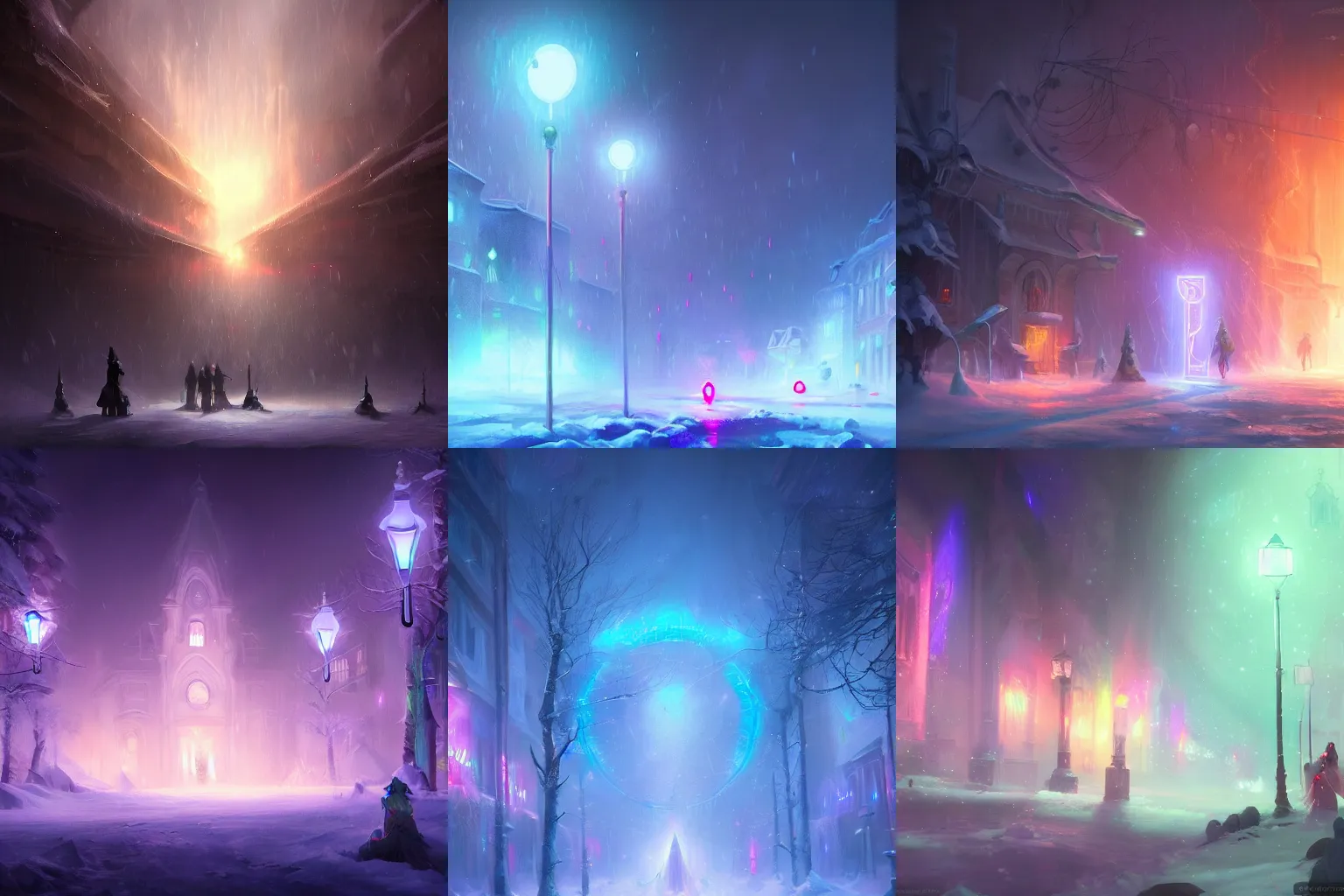 Prompt: beautiful picture of a magical lights glowing different colours everywhere in the centre of blizzard, fantasy art, trending on artstation, cgsociety, nice composition, great fantasy mood