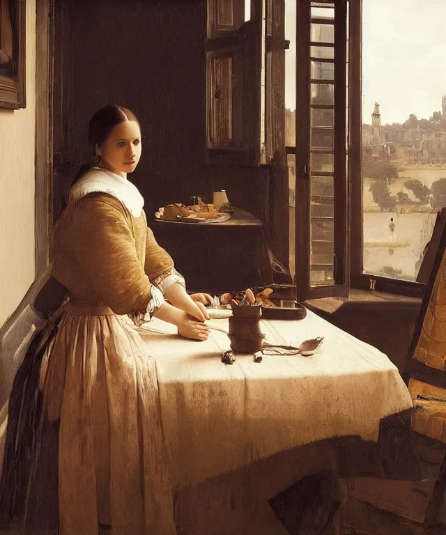 Image similar to a highly detailed, beautifully lit portrait of a pretty, young alicia vikander alba sitting at a table by an open window, oil painting portrait by vermeer and bouguereau