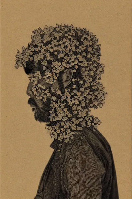 Image similar to Japanese man's face in profile, long beard, made of flowers and fruit, in the style of the Dutch masters and Gregory crewdson, dark and moody