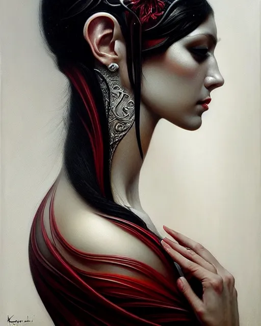 Image similar to portrait of a beautiful goddess, enigmatic beauty, dominant shades of black gold, silver, dark red, white, head in focus, fantasy art, ornamental aesthetics, intricate, elegant, highly detailed, hyperrealistic painting, artstation, concept art, painterly, sharp focus, illustration, art by karol bak