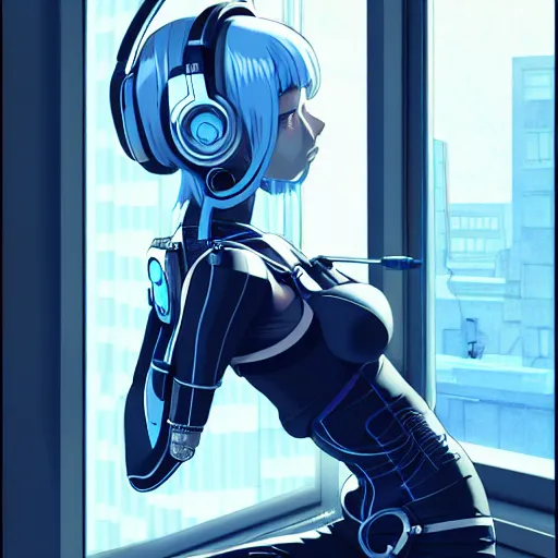 Image similar to cyborg - girl with silver hair, wearing headphones, and sitting on a window sill, highly detailed, painting, dark blue and black color palette, intricate, high quality anime artstyle, in the style of ilya kuvshinov