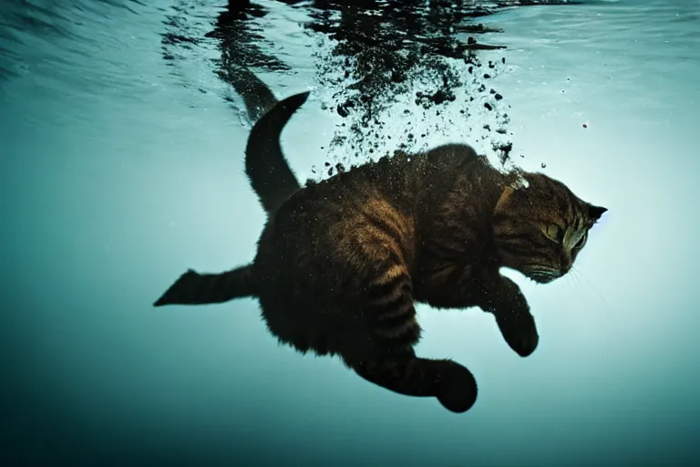 Image similar to a scuba diver cat swimming underwater, photo-realistic low lighting, creepy, vast, shot by a camera,
