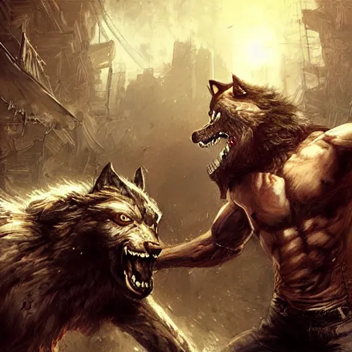 Image similar to Werewolf, epic scene, paint by Raymond Swanland