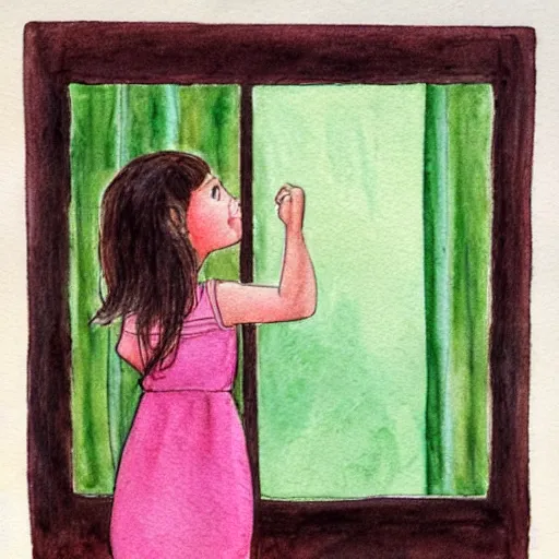 Image similar to rear view of a dark haired young girl and her reflection in a mirror, shocked expression, hand over mouth, 1990s bedroom, children's book illustration, watercolor, line drawing