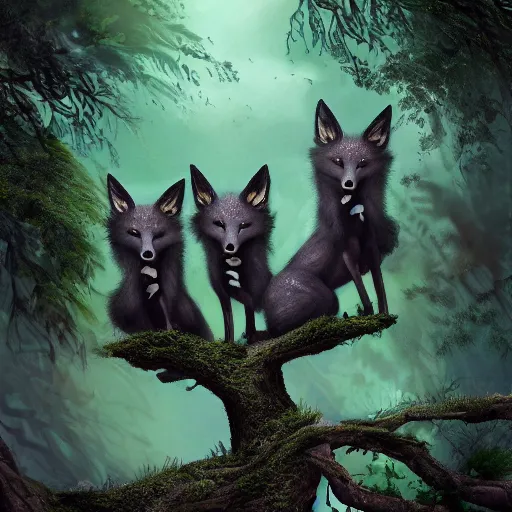 Prompt: three black foxes sitting on a high branch in a tree, dense green forest, night time, pitch black sky, stars, fantasy art extreme low angle shot, detailed illustration, hd, overdetailed art, photorealistic, trending on ArtStation, concept art, cgsociety, octane render, trending on artstation, artstationHD, artstationHQ, unreal engine, 8k