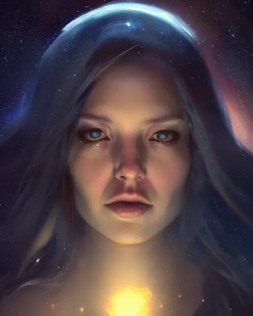 Image similar to epic portrait cinematic shot an giant female face in space, dark, stars, glowing, glowing eyes, fine details. night setting. realistic shaded lighting poster by craig mullism, artgerm, jeremy lipkin and michael garmash, unreal engine, radiant light, detailed and intricate environment, digital art, trending on art station,