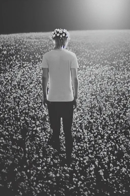 Image similar to agfa vista 4 0 0 photograph of a skinny blonde guy standing in a spotlight in a dark field, flower crown, back view, grain, moody lighting, moody vibe, telephoto, 9 0 s vibe, blurry background, vaporwave colors!, faded!,