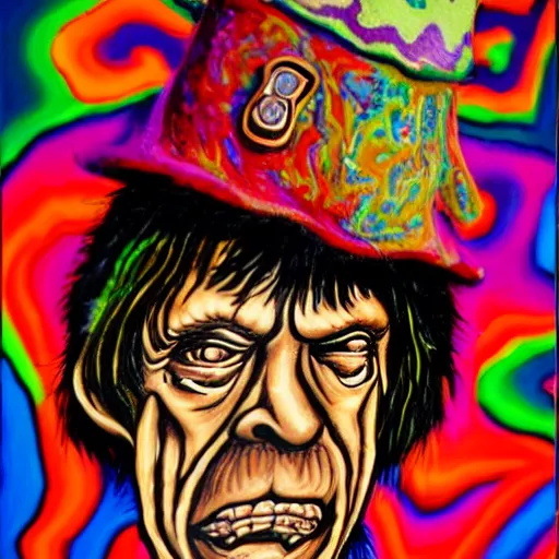 Image similar to old man wearing voodoo hat, mick jagger, art by meow wolf