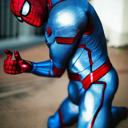 Image similar to a single iron man and spider - man hybrid, dslr, polaroid