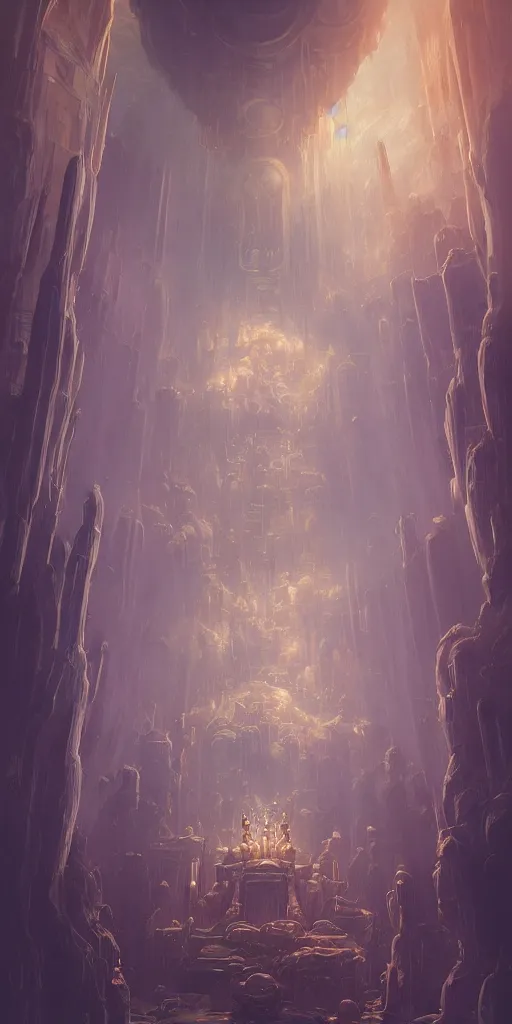Prompt: Detailed Interior of the Jupiter gaseous throne room, curling gas, light shafts, glowing throne, stunning atmosphere, in Style of Peter Mohrbacher, cinematic lighting