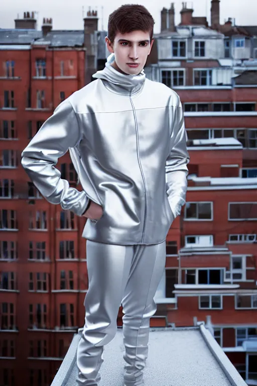 Image similar to un ultra high definition studio quality photographic art portrait of a young man standing on the rooftop of a british apartment building wearing soft padded silver pearlescent clothing. three point light. extremely detailed. golden ratio, ray tracing, volumetric light, shallow depth of field. set dressed.