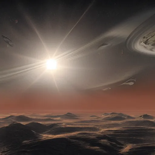 Image similar to a photorealistic landscape of a trisolaris system