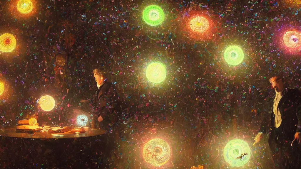 Image similar to swarm of colorful glowing iridescent discs surrounding a victorian man, by greg rutkowski