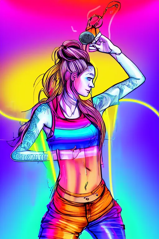 Image similar to a award winning half body portrait of a beautiful woman with stunning eyes in a croptop and cargo pants with rainbow colored ombre hairstyle head in motion and hair flying by thomas danthony, outlined by whirling illuminated neon lines, microphone, outrun, vaporware, shaded flat illustration, digital art, trending on artstation, highly detailed, fine detail, intricate