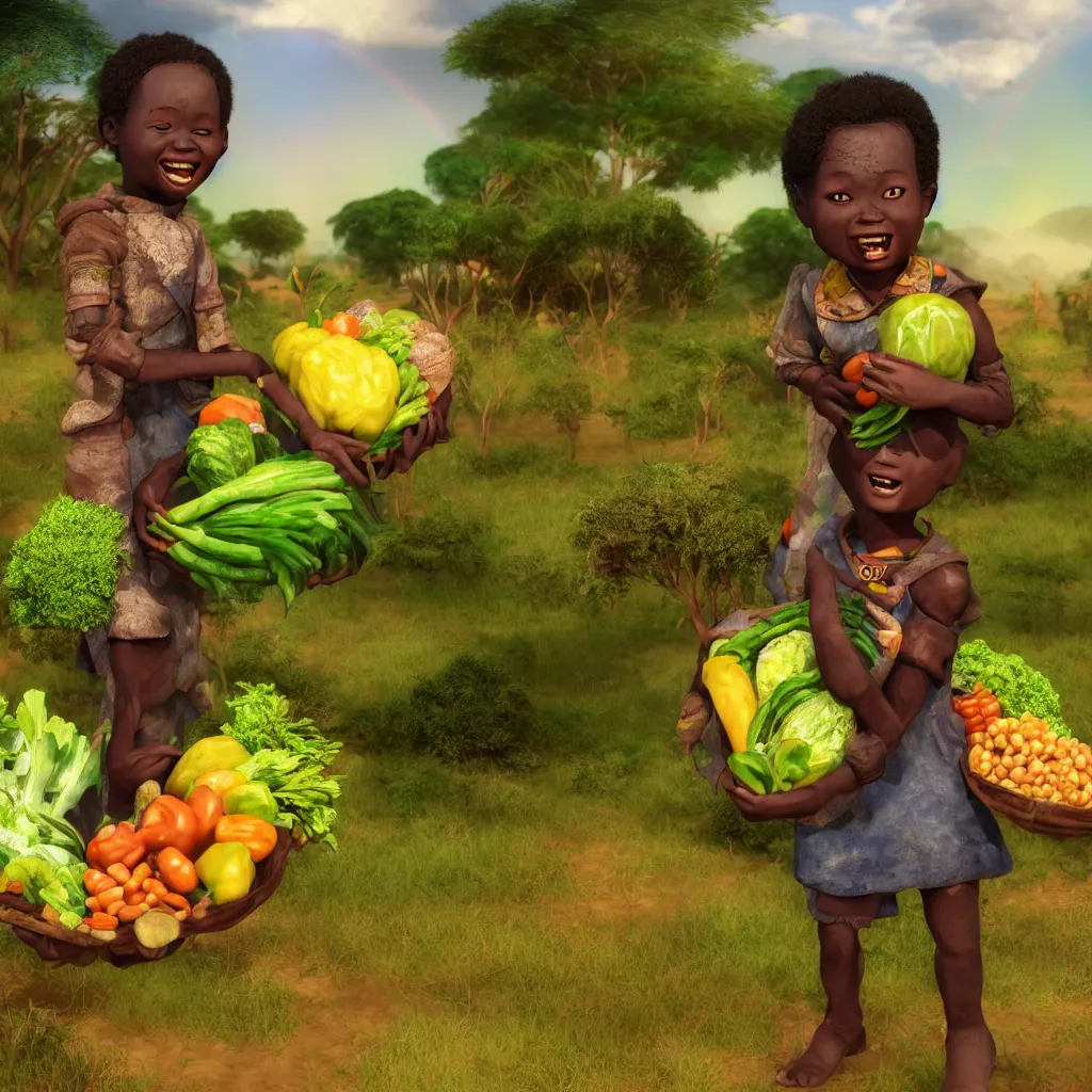 Image similar to Portrait of a Happy African child carrying vegetables in landscape with farm vegetables growing, intricate African jewelry rainbow warrior semi realistic comic, octane render, semi realistic comic art Dr Zeus, happy concept art Akitipe studios, cinematic volumetric lighting, ethereal divine details, Leonardo DaVinci detail A harmonious integration+8k