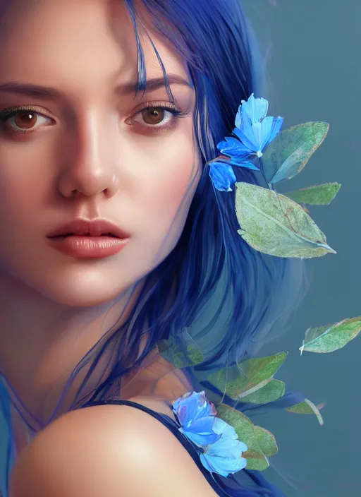 Image similar to gorgeous female full body sensual covered in translucent blue leaf and petals in the style of stefan kostic, cute - fine - face, dasha taran, backlit, refracted lighting, elegant, half body shot, 8 k, insanely detailed, intricate, art by stanley lau, artgerm, wlop, kuvshinov ilya,