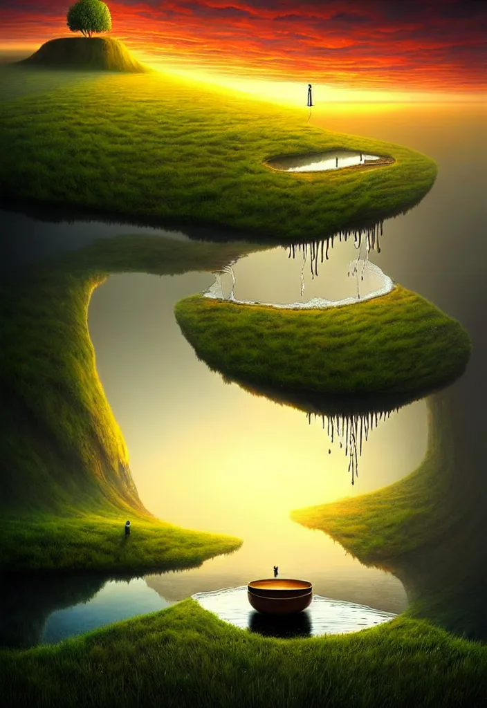 Image similar to a surreal landscape at sunset with a immense gigantic ornated iron chalice cup with a lake inside, water in excess dropping by gediminas pranckevicius