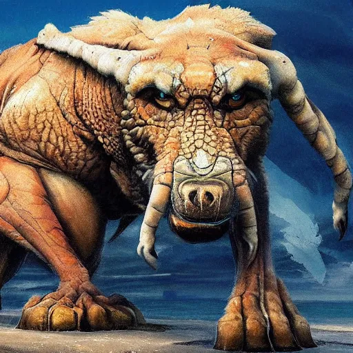 Image similar to stunning concept art of a giant animal with 4 arms, it is the first of its kind. stunning masterpiece