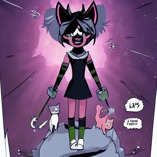 Image similar to a fierce looking 7 year old girl with cat ears, yelling, raising a scepter above her head, angry cats running in front of her futuristic medium shot, highly coherent, saga comic, fiona staples