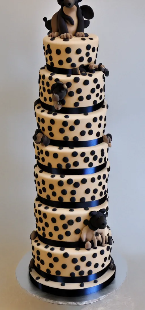 Prompt: tall 3 tiered birthday cake with a hyena laying on each tier of the cake